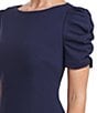 Color:Deep Navy - Image 4 - Stretch Crepe Boat Neckline Short Puff Sleeve Mermaid Dress