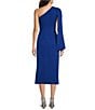 JS Collections Stretch Crepe One Shoulder Neck One Cape Sleeve Beaded Side Sheath Midi Dress, Color:French Blue - Image 2