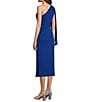 JS Collections Stretch Crepe One Shoulder Neck One Cape Sleeve Beaded Side Sheath Midi Dress, Color:French Blue - Image 3