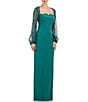 Color:Teal - Image 3 - Stretch Crepe Sweetheart Neck Sequin Beaded Long Sleeve Gown