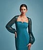 Color:Teal - Image 6 - Stretch Crepe Sweetheart Neck Sequin Beaded Long Sleeve Gown