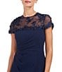 Color:Navy - Image 3 - Stretch Scuba Crepe Illusion 3D Lace Round Neckline Short Sleeve Gown