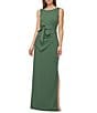 JS Collections Tianna Gown Round Neck Bow Front Stretch Crepe Column Gown, Color:Mallard - Image 1