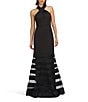 JS Collections Willa Twist Front Halter Mesh Insert Hem Stretch Crepe Mermaid Gown, Color:Black - Image 1