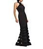 JS Collections Willa Twist Front Halter Mesh Insert Hem Stretch Crepe Mermaid Gown, Color:Black - Image 3