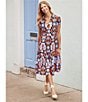 Color:Butterfly Tile Navy - Image 4 - Butterfly Tile Navy Print Jude Cloth Knit V-Neck Short Puff Sleeve A-Line Tiered Midi Dress