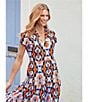 Color:Butterfly Tile Navy - Image 5 - Butterfly Tile Navy Print Jude Cloth Knit V-Neck Short Puff Sleeve A-Line Tiered Midi Dress