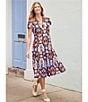 Color:Butterfly Tile Navy - Image 6 - Butterfly Tile Navy Print Jude Cloth Knit V-Neck Short Puff Sleeve A-Line Tiered Midi Dress