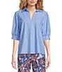 Color:Bluebell - Image 1 - Calista Jude Cloth Knit Stretch Point Collar V-Neck Short Puffed Sleeve Top