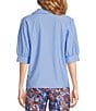 Color:Bluebell - Image 2 - Calista Jude Cloth Knit Stretch Point Collar V-Neck Short Puffed Sleeve Top