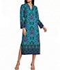Jude Connally Devon Jude Cloth Decorative Frond Peacock Print V-Neck Long Sleeve Caftan Dress - Image 1
