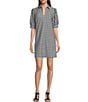 Color:Gingham Black - Image 1 - Emerson Gingham Print Jude Cloth Knit Point Collar Puffed Sleeve Shift Dress