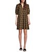 Jude Connally Emerson Jude Cloth Knit Garden Lattice Print Point Collar Puffed Sleeve Shift Dress, Color:Garden Lattice Black/Camel - Image 1