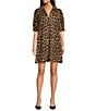 Jude Connally Emerson Large Leopard Print Jude Cloth Knit Point Collar Puffed Sleeve Shift Dress, Color:Large Leopard Brown Camel - Image 1