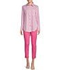 Color:Cotton Stripe Peony - Image 3 - Kimber Cotton Stripe Point Collar Curved High-Low Long Sleeve Button-Front Shirt