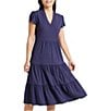 Jude Connally Libby Solid Jude Cloth Knit V-Neck Short Puffed Sleeve A-Line Tiered Midi Dress, Color:Navy - Image 4