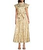 Jude Connally Mirabella Woven Bamboo Rattan Print Split V-Neck Short Flutter Sleeve A-Line Belted Maxi Dress, Color:Bamboo Rattan Sand Gold - Image 1