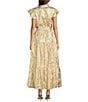 Jude Connally Mirabella Woven Bamboo Rattan Print Split V-Neck Short Flutter Sleeve A-Line Belted Maxi Dress, Color:Bamboo Rattan Sand Gold - Image 2