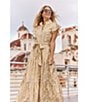 Jude Connally Mirabella Woven Bamboo Rattan Print Split V-Neck Short Flutter Sleeve A-Line Belted Maxi Dress, Color:Bamboo Rattan Sand Gold - Image 4