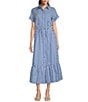 Jude Connally Pippa Stripe Print Point Collar Short Sleeve Midi Dress, Color:Cotton Stripe Blue - Image 1