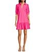 Color:Spring Pink - Image 1 - Tierney Knit Point Collar V-Neck Short Puff Sleeve Side Pocket Drop Waist Flounce Hem Dress