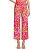 Color:Twirling Peacock Spring Pink - Image 1 - Trixie Twirling Peacock Floral Print Stretch Knit Wide Leg Cropped Coordinating Pull-On Pants