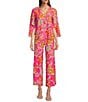 Color:Twirling Peacock Spring Pink - Image 4 - Trixie Twirling Peacock Floral Print Stretch Knit Wide Leg Cropped Coordinating Pull-On Pants