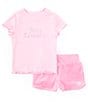 Color:Pink - Image 1 - Little Girls 2T-6X Short Sleeve Rhinestone-Embellished Logo Rib-Knit T-Shirt & Solid Velvet Shorts Set