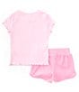 Color:Pink - Image 2 - Little Girls 2T-6X Short Sleeve Rhinestone-Embellished Logo Rib-Knit T-Shirt & Solid Velvet Shorts Set