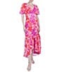 Color:Pink Multi - Image 1 - Chiffon Floral Print V-Neck Short Flutter Sleeve High Low Ruffle Hem Dress