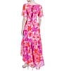 Color:Pink Multi - Image 2 - Chiffon Floral Print V-Neck Short Flutter Sleeve High Low Ruffle Hem Dress