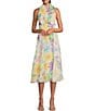 Color:Ivory/Multi - Image 1 - Chiffon Lurex Floral Print Tie Mock Neck Sleeveless A-Line Midi Dress