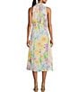 Color:Ivory/Multi - Image 2 - Chiffon Lurex Floral Print Tie Mock Neck Sleeveless A-Line Midi Dress