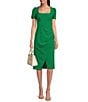 Color:Resort Emerald - Image 1 - Crepe Square Neck Short Sleeve Pleated Front Slit Knee Length Sheath Dress