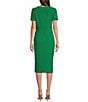 Color:Resort Emerald - Image 2 - Crepe Square Neck Short Sleeve Pleated Front Slit Knee Length Sheath Dress