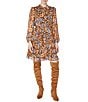 Color:Brown Multi - Image 1 - Floral Band Collar Long Sleeve Tie Waist Dress