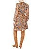 Color:Brown Multi - Image 2 - Floral Band Collar Long Sleeve Tie Waist Dress