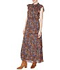 Color:Brown Multi - Image 1 - Floral Mock Neckline Flutter Cap Sleeve Tiered Maxi Dress