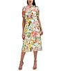 Color:Ivory/Multi - Image 1 - Floral Print Chiffon Mock Neck Short Sleeve Midi Dress