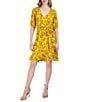 Color:Yellow Multi - Image 1 - Floral Print Crepe Surplice V-Neck Short Puff Sleeve Tie Waist Ruffle Hem Faux Wrap Dress