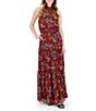 Color:Burgundy Multi - Image 1 - Floral Print Mock Halter Neck Sleeveless Elastic Waist Tiered Maxi Dress