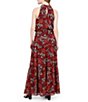 Color:Burgundy Multi - Image 2 - Floral Print Mock Halter Neck Sleeveless Elastic Waist Tiered Maxi Dress