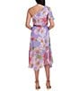 Color:Lilac Multi - Image 2 - Floral Print One Shoulder Short Sleeve Tie Waits Asymmetrical Hem Midi Dress