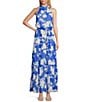 Color:Blue/Ivory - Image 1 - Floral Printed Mock Neck Sleeveless Tiered Dress