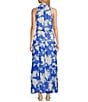Color:Blue/Ivory - Image 2 - Floral Printed Mock Neck Sleeveless Tiered Dress