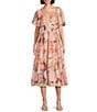 Color:Peach/Multi - Image 1 - Floral Sweetheart Neck Short Puff Sleeve Midi Dress