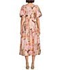 Color:Peach/Multi - Image 2 - Floral Sweetheart Neck Short Puff Sleeve Midi Dress