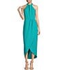 Color:Aqua Fresh - Image 1 - Knot Halter Neck Sleeveless Faux Wrap Tulip Hem Midi Dress