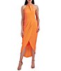 Color:Neon Orange - Image 1 - Knot Halter Neck Sleeveless Faux Wrap Tulip Hem Midi Dress