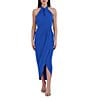 Color:Blue - Image 1 - Knot Halter Neck Sleeveless Faux Wrap Tulip Hem Midi Dress
